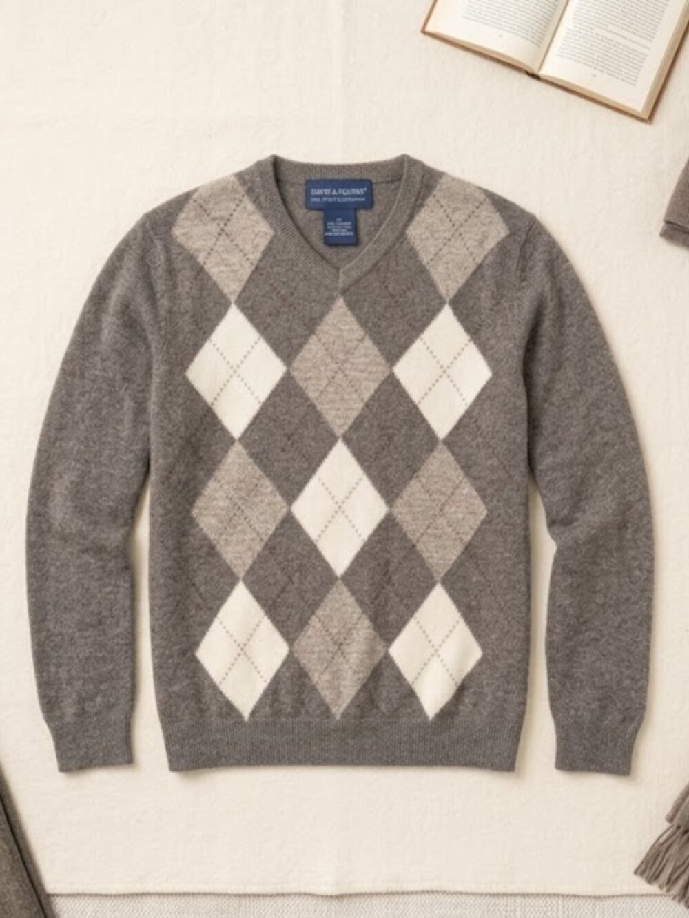 Davis & Squire Argyle Crewneck Cashmere Pullover Brown cream Knit Sweater sz M